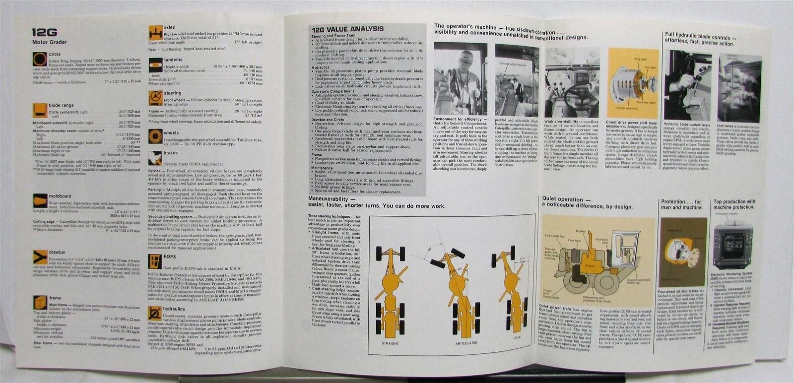 1985 CAT No 12G Road Motor Grader Construction Specifications Sale Tri-Folder