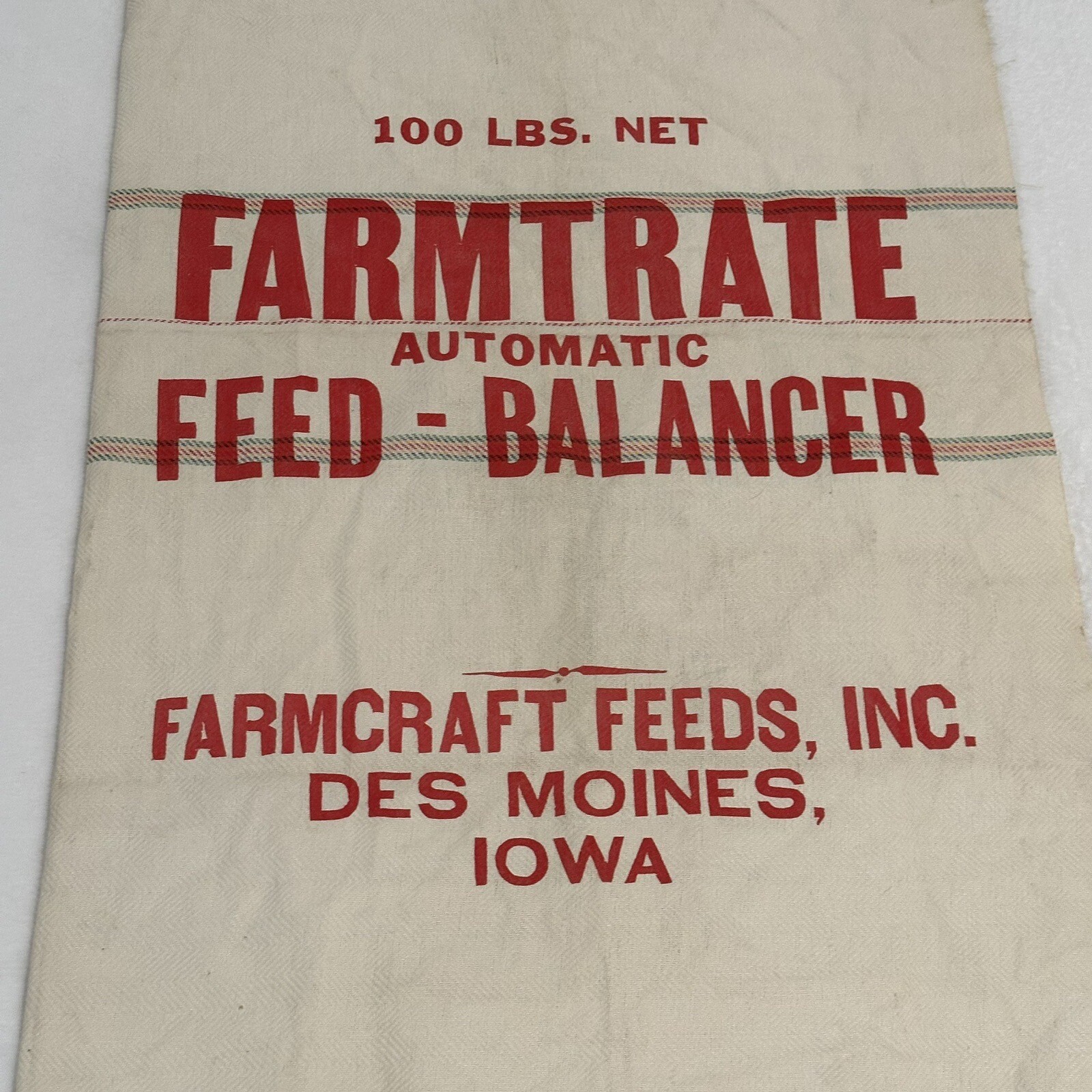 Vintage Feed Sack FARMCRAFT FEEDS, INC DES MOINES IOWA 100 LB