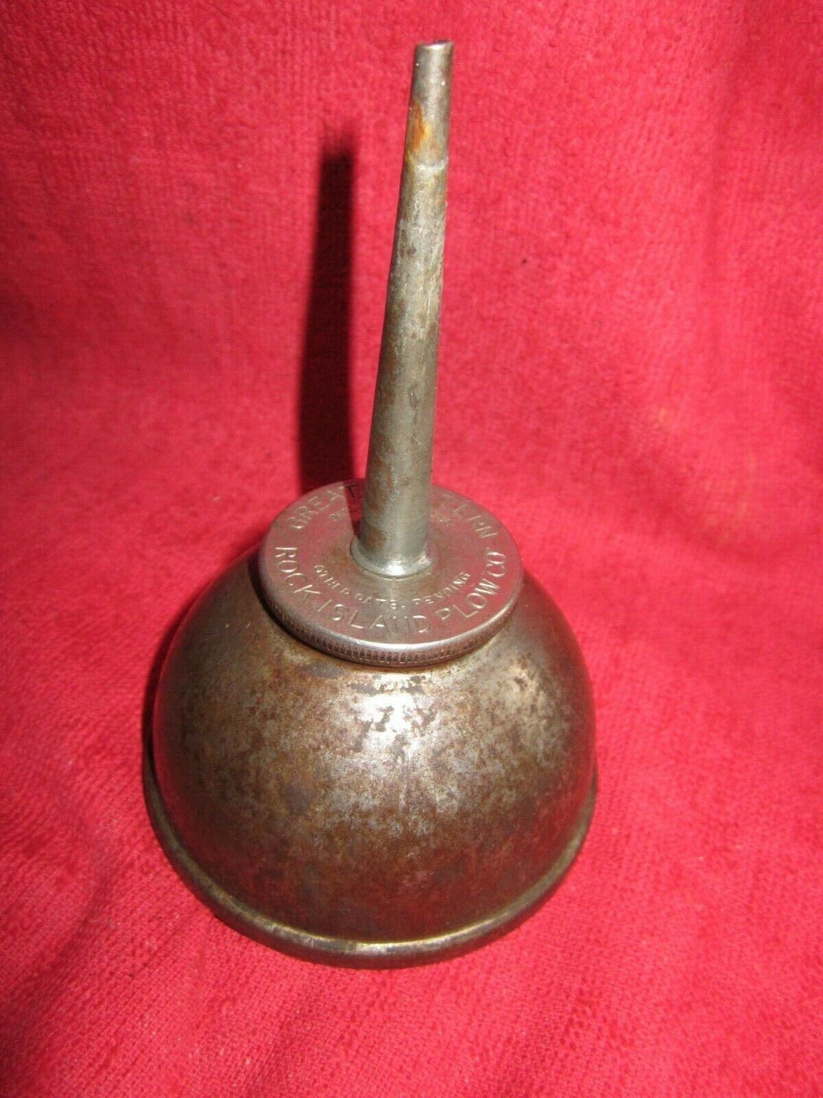1908 GREAT WESTERN ROCK ISLAND PLOW Co. ILLINOIS, THUMB OILER OIL CAN