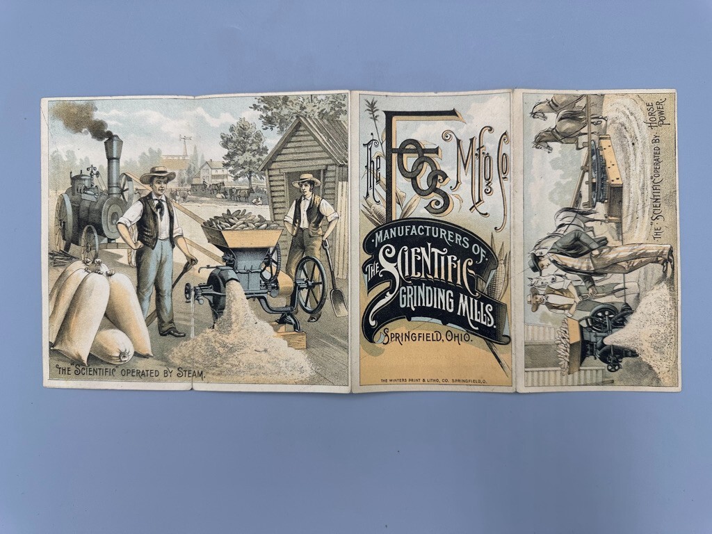 1880s FOOS Mfg SCIENTIFIC MILL Farm Folding Advertise Trade Card SPRINGFIELD OH