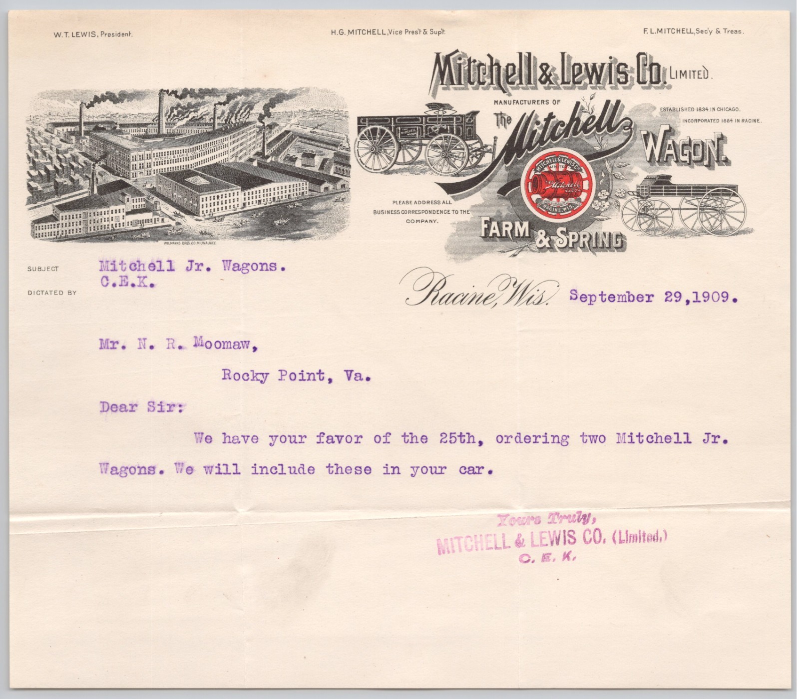 1909 Mitchell & Lewis Wagon Manufacturer Racine WI Illustrated Letterhead BH1-10