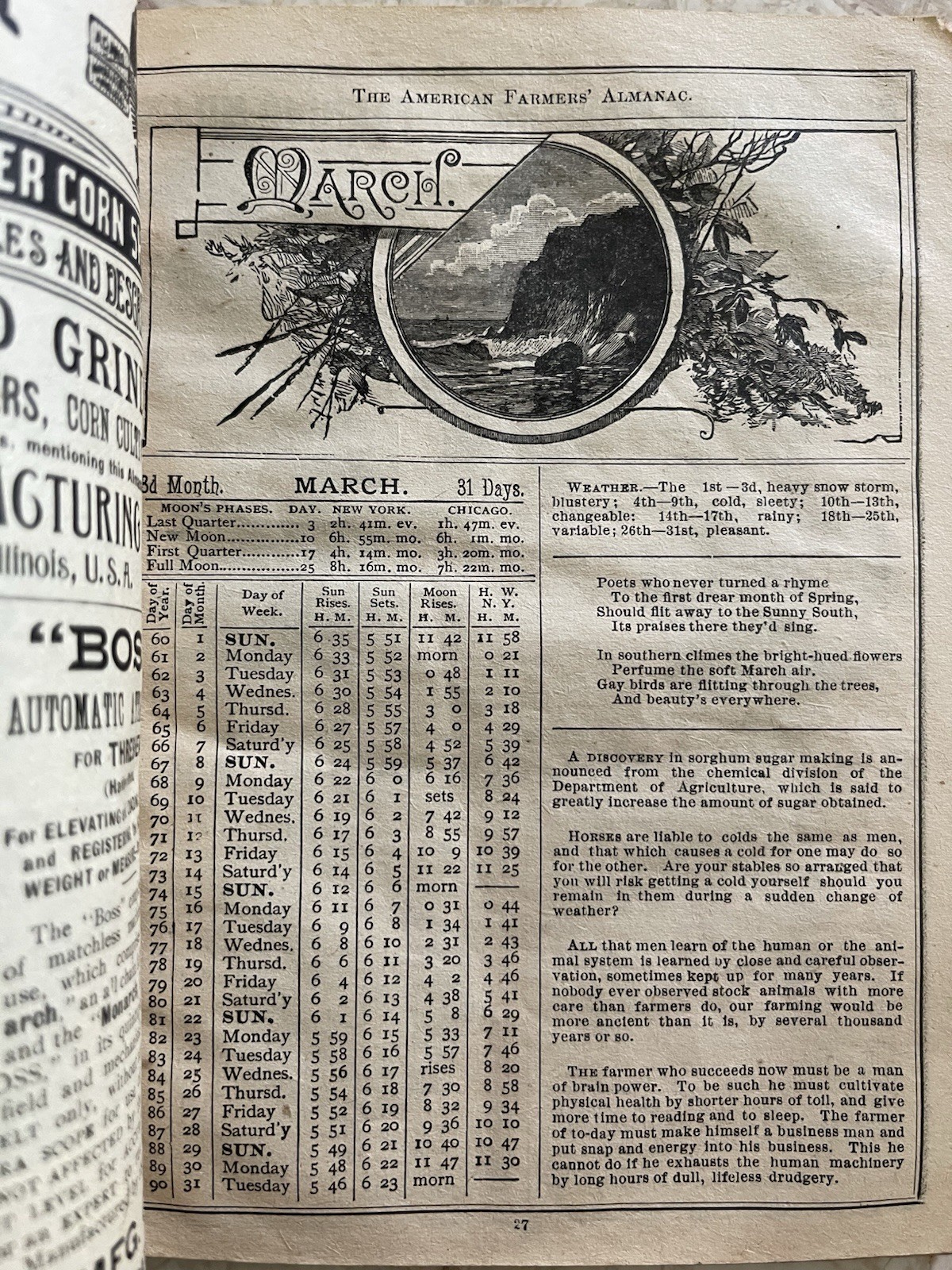 1891 American Farmers Almanac, Antique Farming Ads Barlow, Stoddard
