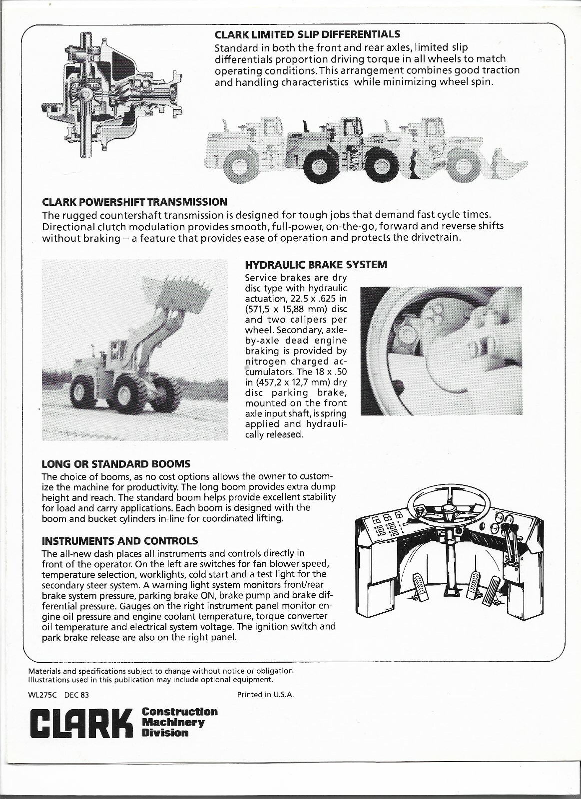 Original Clark Michigan 275C Wheel Loader Sales Brochure Form # WL275C Dec. 1983