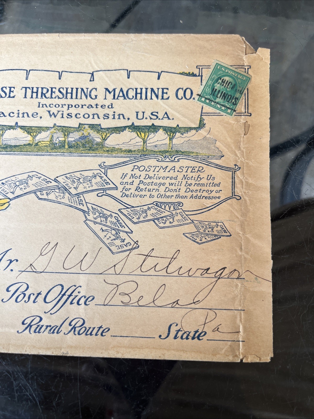 Antique J.I. Case Steam Tractor Engine Envelope, Bela Pa. Clarion Co., Farmer
