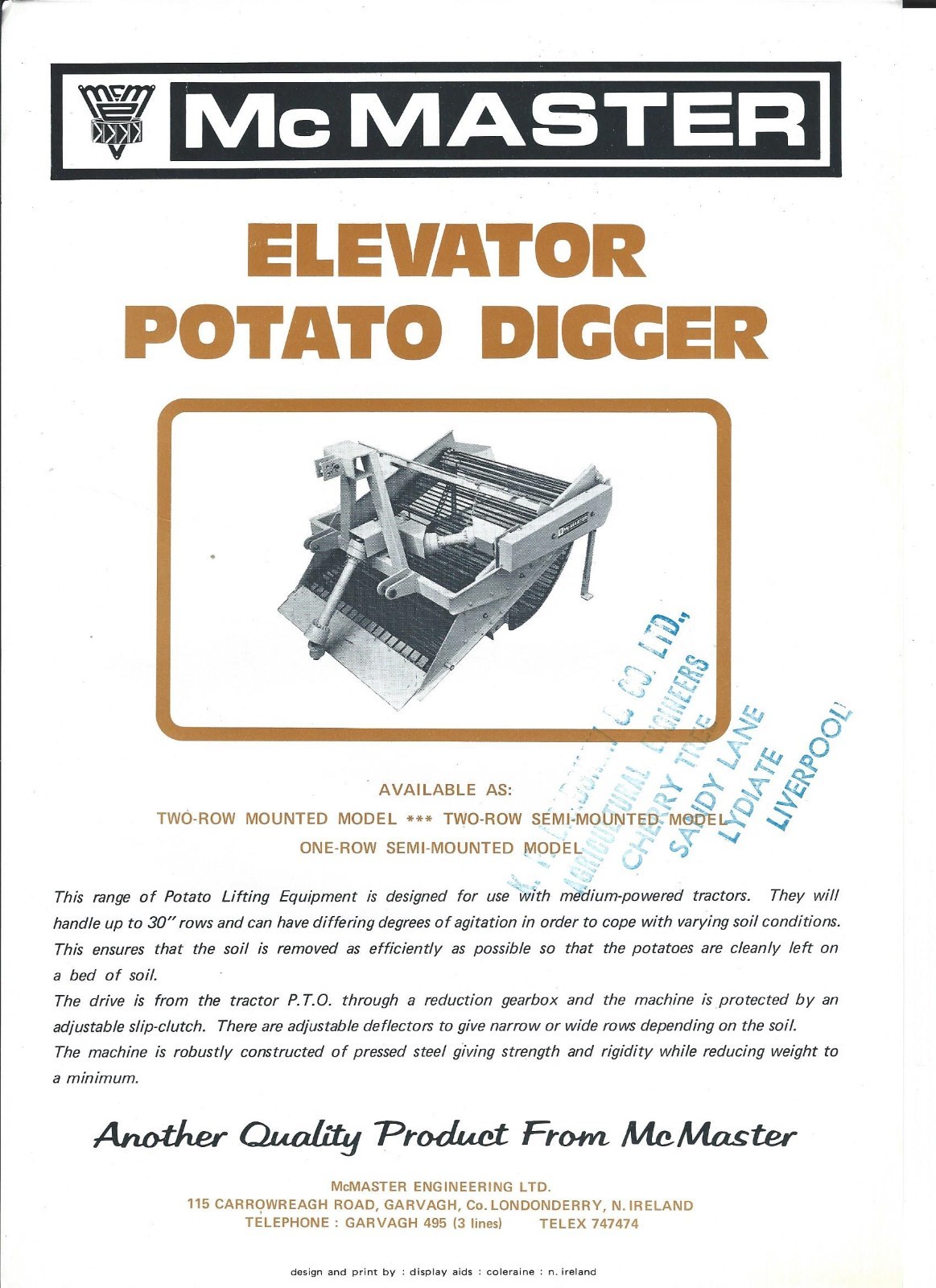 Farm Equipment Brochure – McMaster – Elevator Potato Digger – c1970&rsquo;s (F5138)