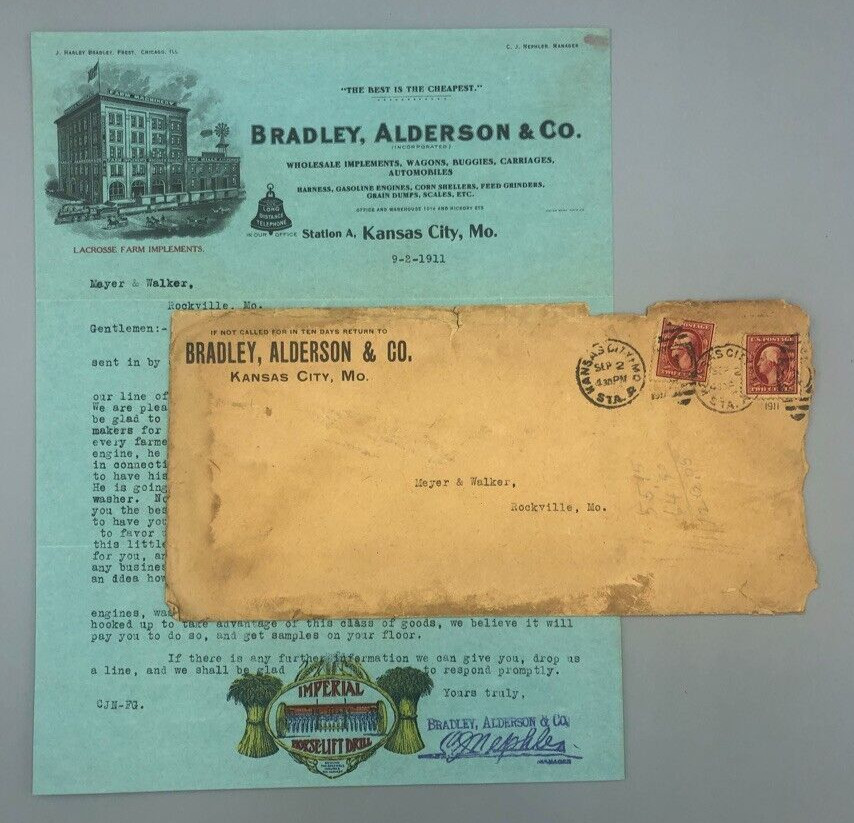 1911 Bradley Alderson IMPERIAL Envelope Antique FARM Advertise KANSAS CITY