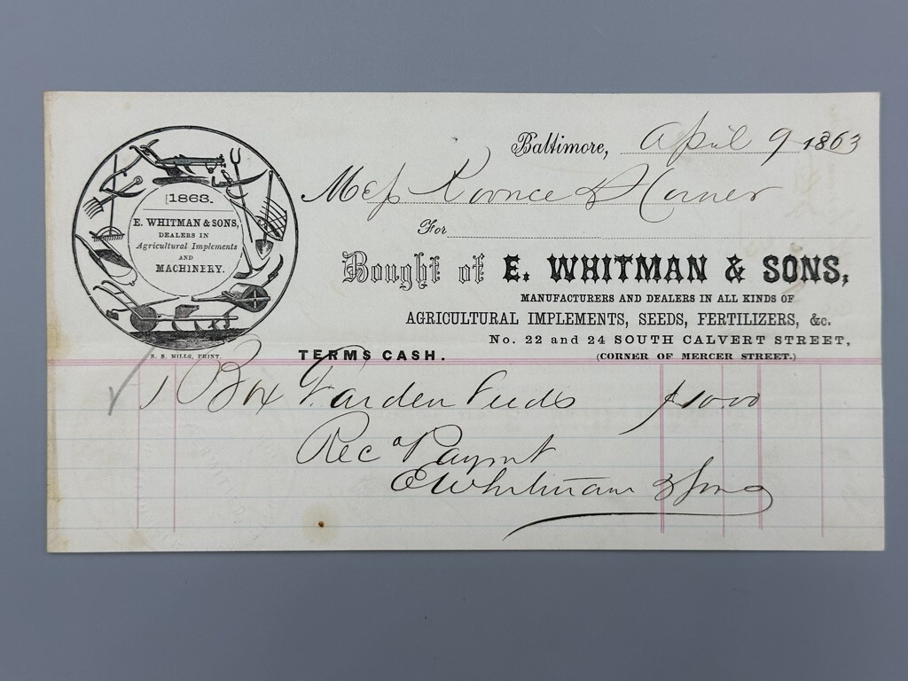 1863 WHITMAN Illustrated FARM MACHINERY ADVERTISING Billhead BALTIMORE