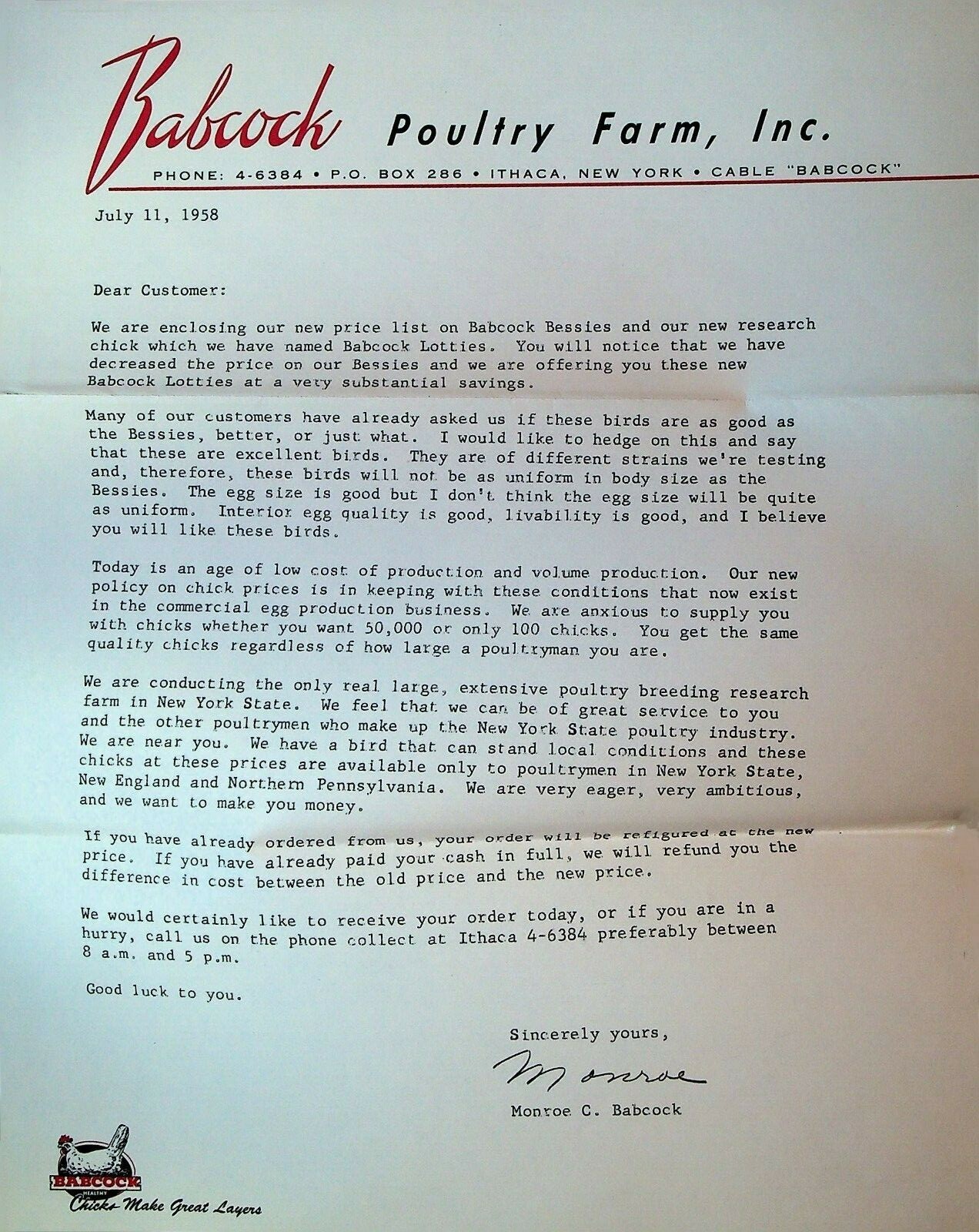 Babcock Poultry Farm 1958 Ithaca NY Ad Brochures Hens Babcock Bessies Lotties