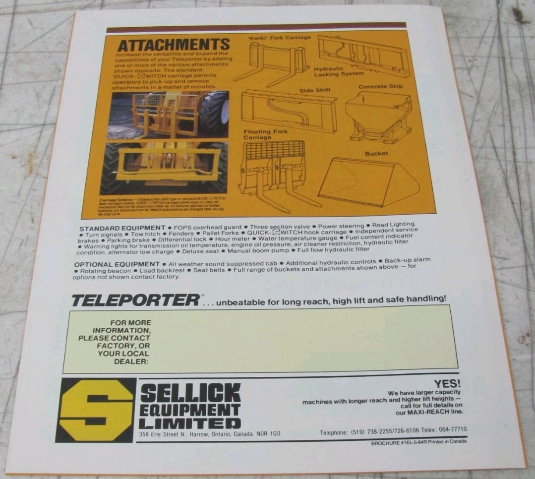 Sellick Teleporter telescopic Boom-Materials Handler Sales Brochure TEL-5-84R