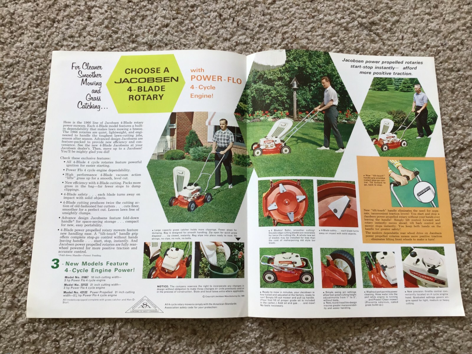 1965 Jacobsen 4-blade rotary mowers, original sales literature.