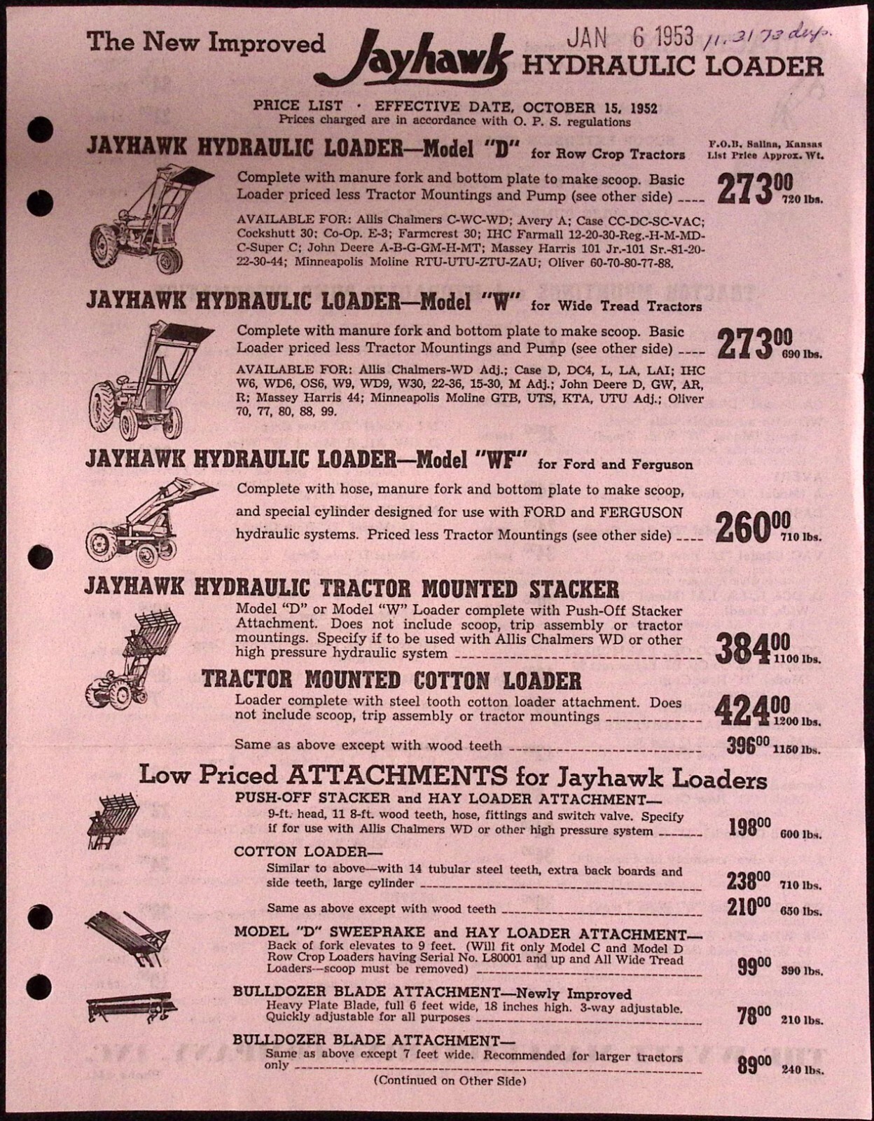 1953 Jayhawk Hydraulic Loader Dealer Brochure Wyatt Manufacturing Salina KS