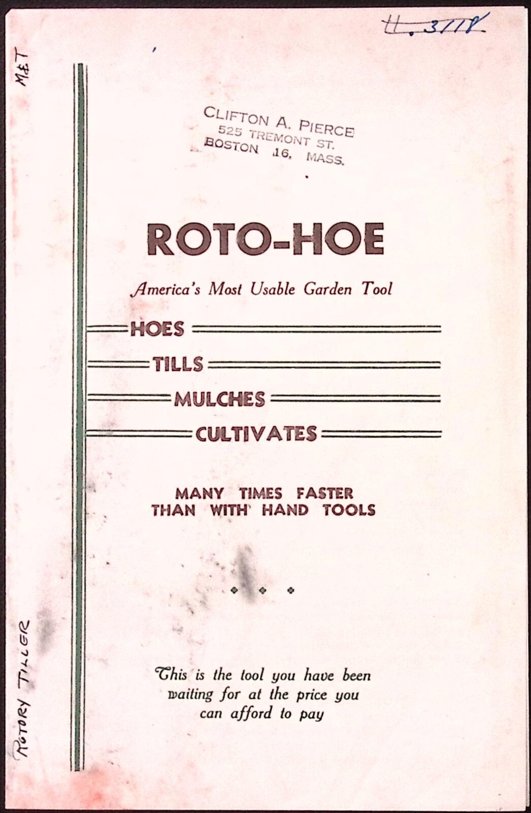 1953 Roto Hoe Roto Tiller Brochure & Price List Roto-Hoe & Sprayer Co Newbury OH
