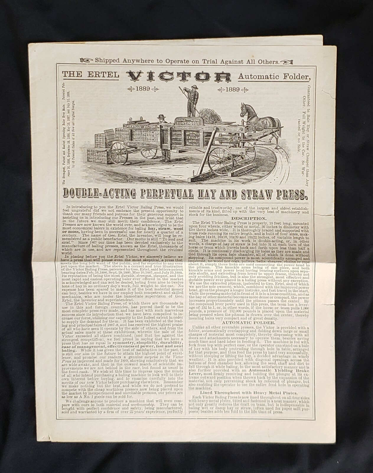 Newspaper Format Illustrated Advertising for Ertel farming equipment c1887