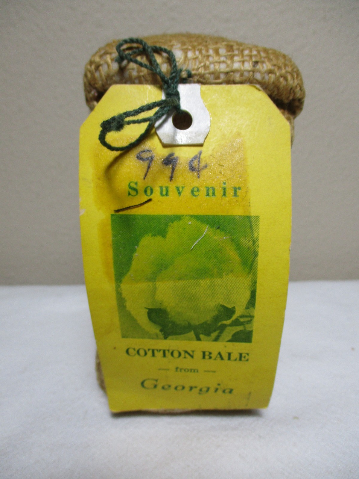 VINTAGE SOUVENIR GEORGIA COTTON BALE with TAG MFD. by L.A. WILLIS LELAND,MISS.