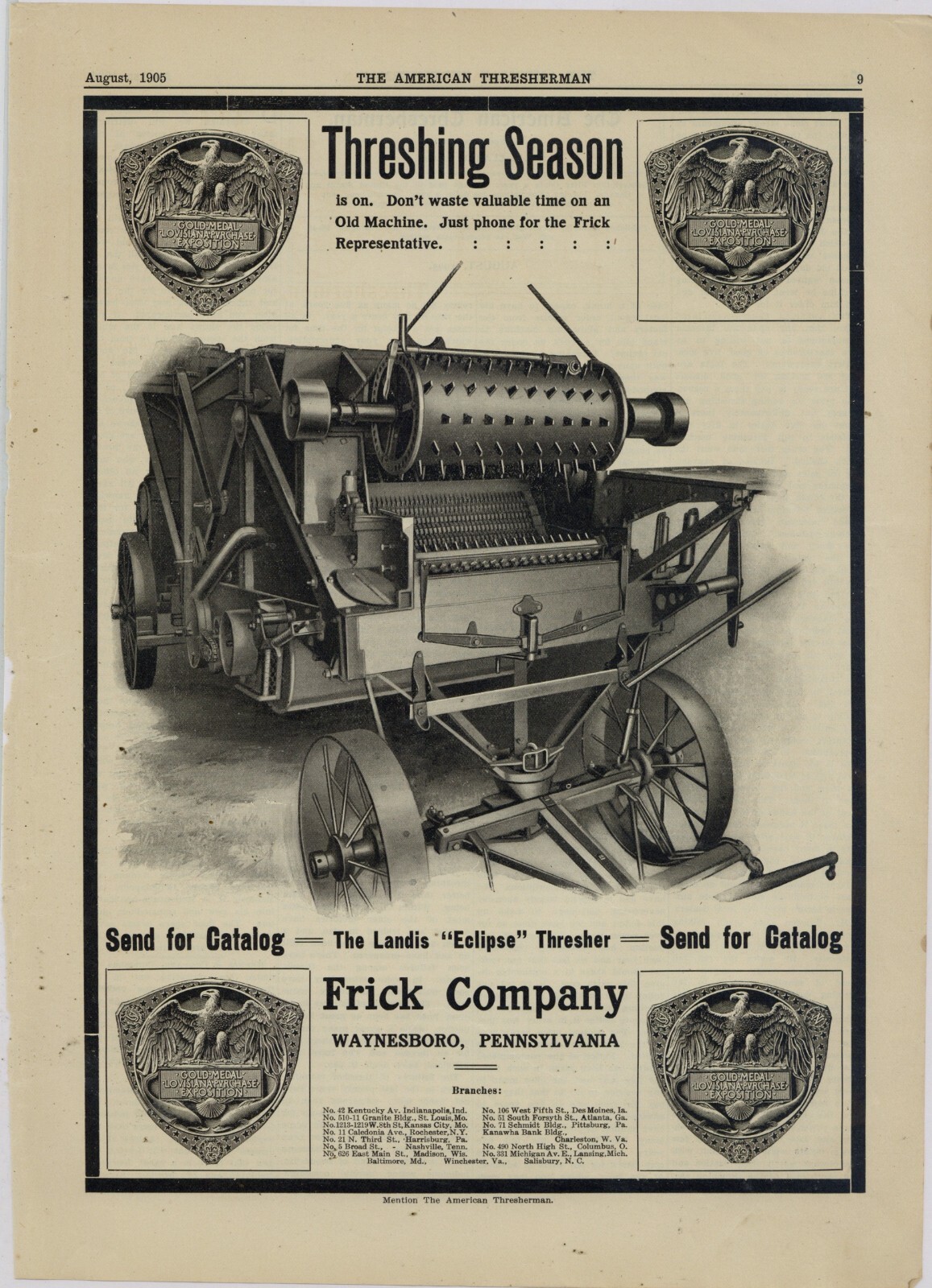 1905 Frick Co. Ad: Landis Eclipse Thresher – Great Artwork! – Waynesboro, PA