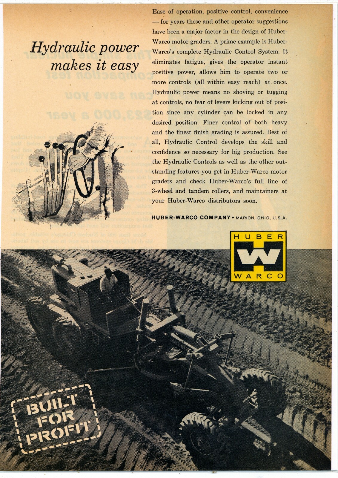 1961 Huber Warco Co. Ad: Hydraulic Power Motor Grader Pictured – Marion, OhiO