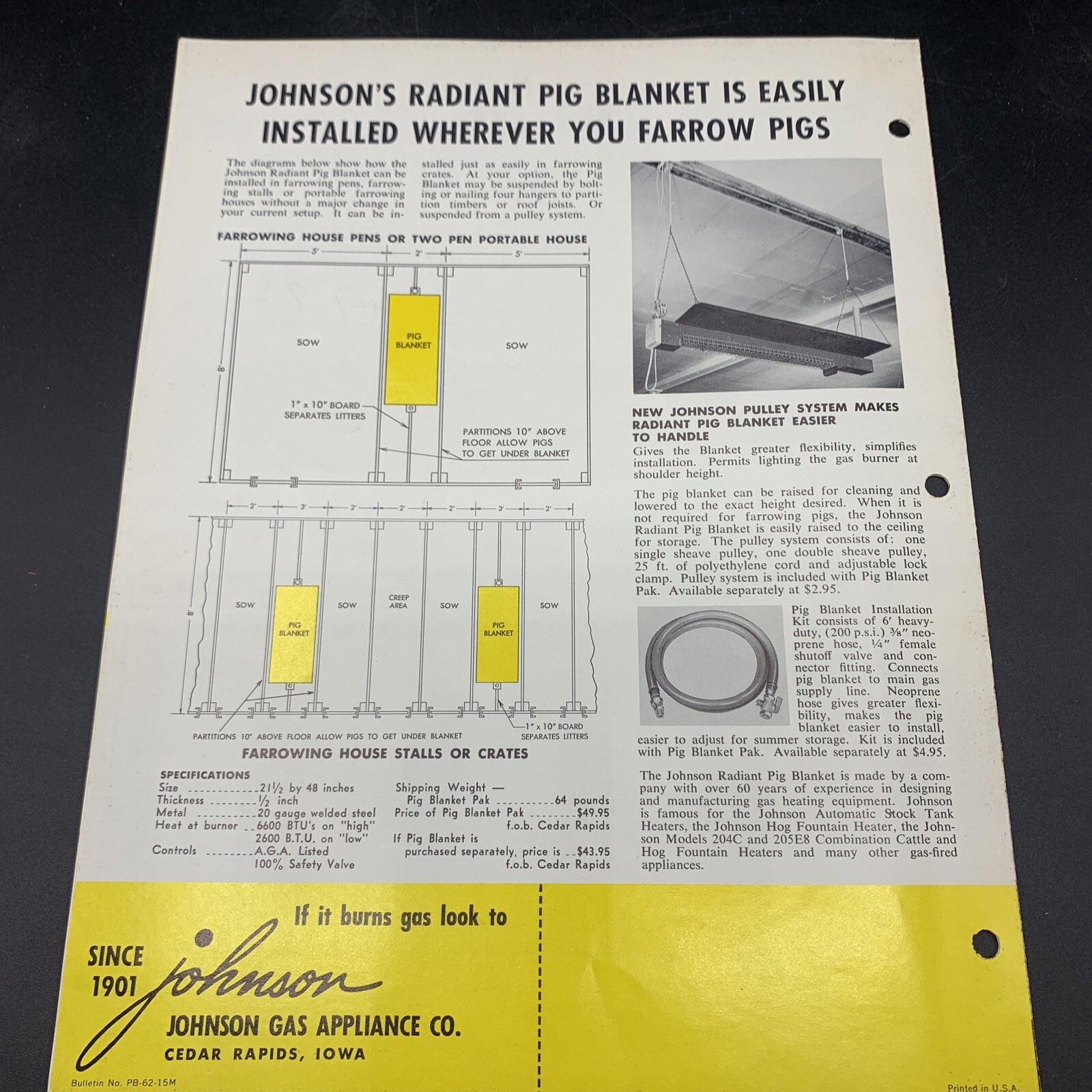 Pair 1961 Johnson Gas Appliance Brochure Pig Blanket & Water Warmer-Cedar Rapids