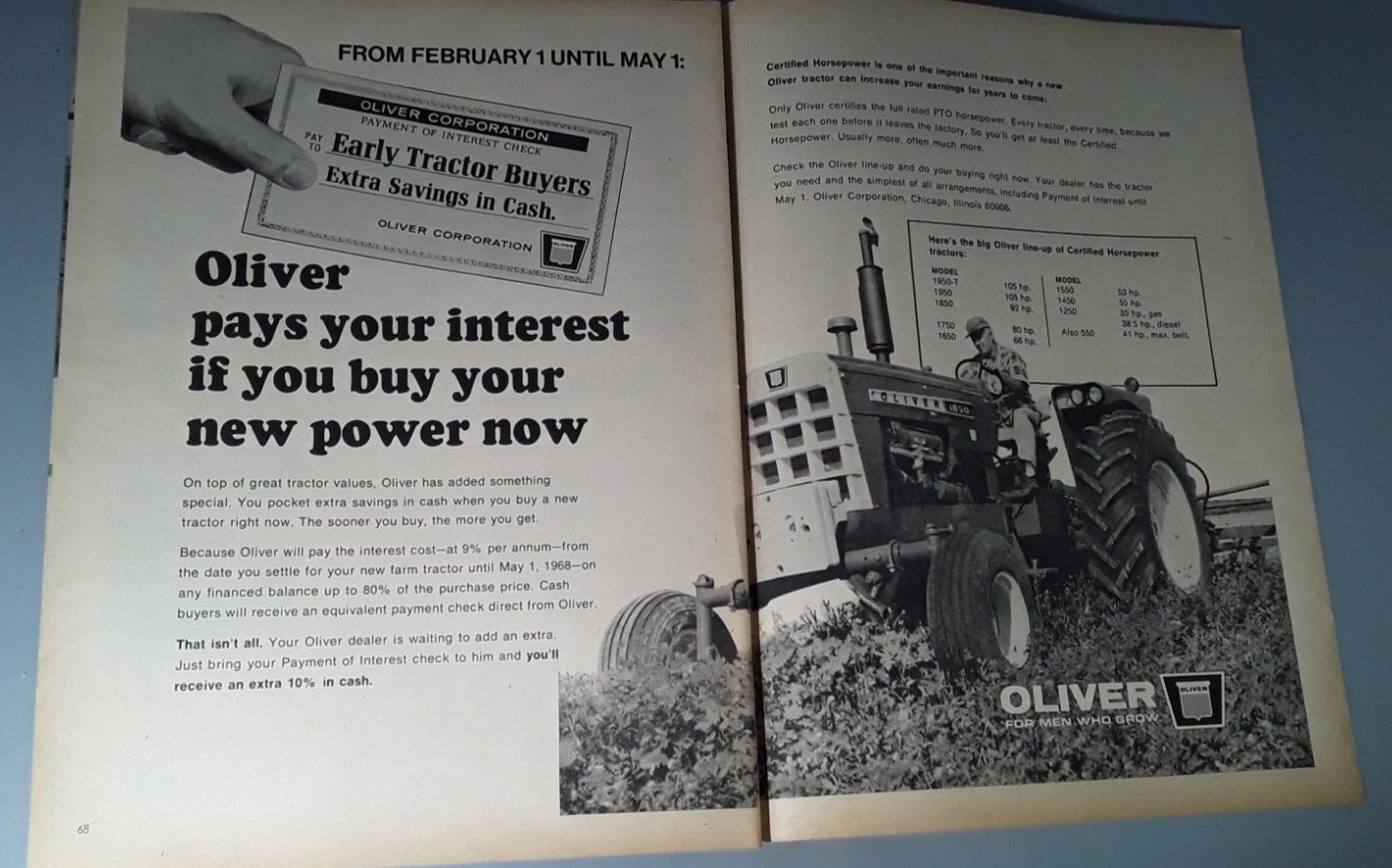 Original 1968 Oliver Tractor 2-Page Magazine Ad « Oliver Pays Your Interest »