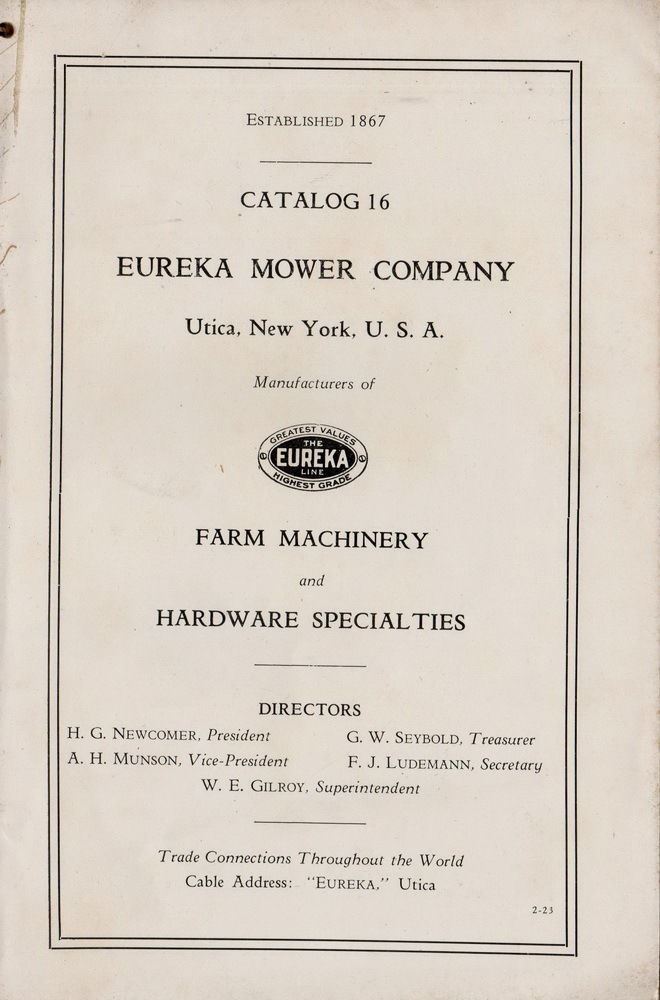 Eureka Mower Company Catalog No 16, 1923 AWESOME, Utica, NY