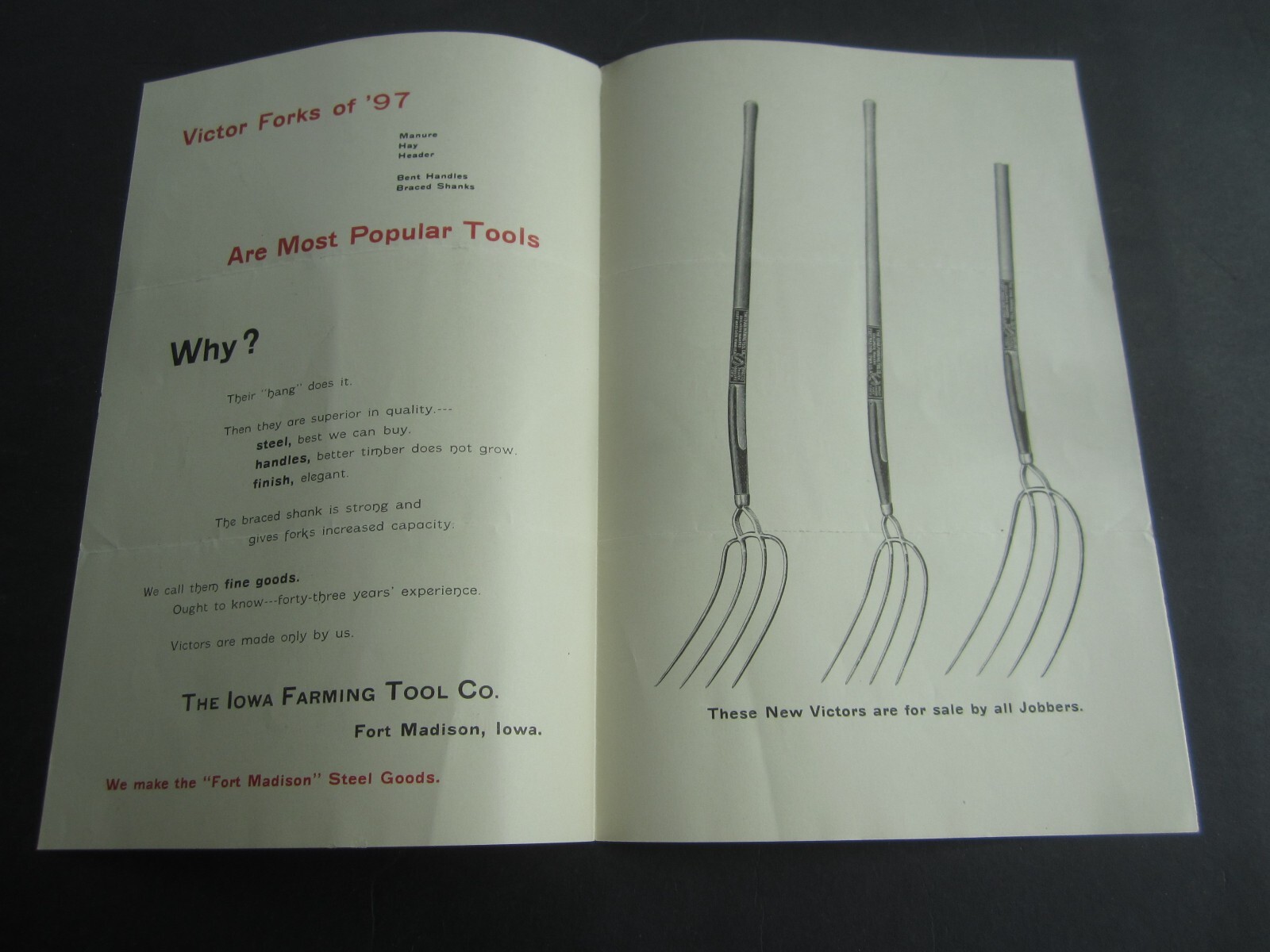 Old 1897 – IOWA FARMING TOOL Co. – Advertising Brochure – VICTOR HAY FORKS