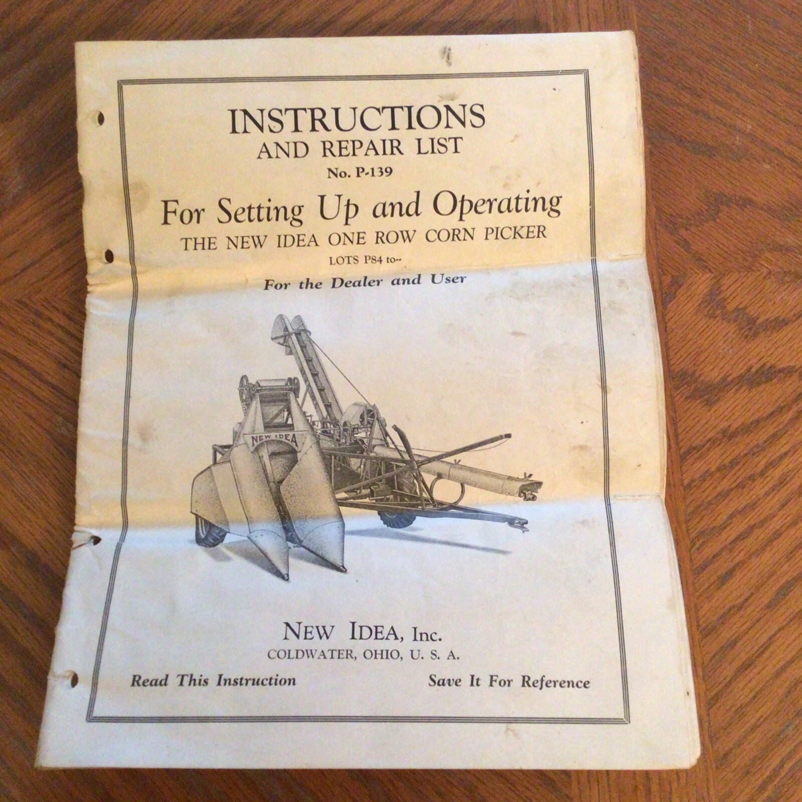 Vtg New Idea Instructions Repair Parts List Setup No. P-139 One Row Corn Picker