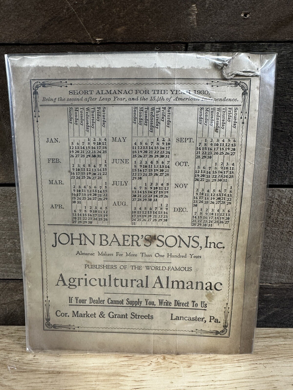 Vintage 1930 John Baer&rsquo;s Sons Lancaster PA Agricultural Almanac