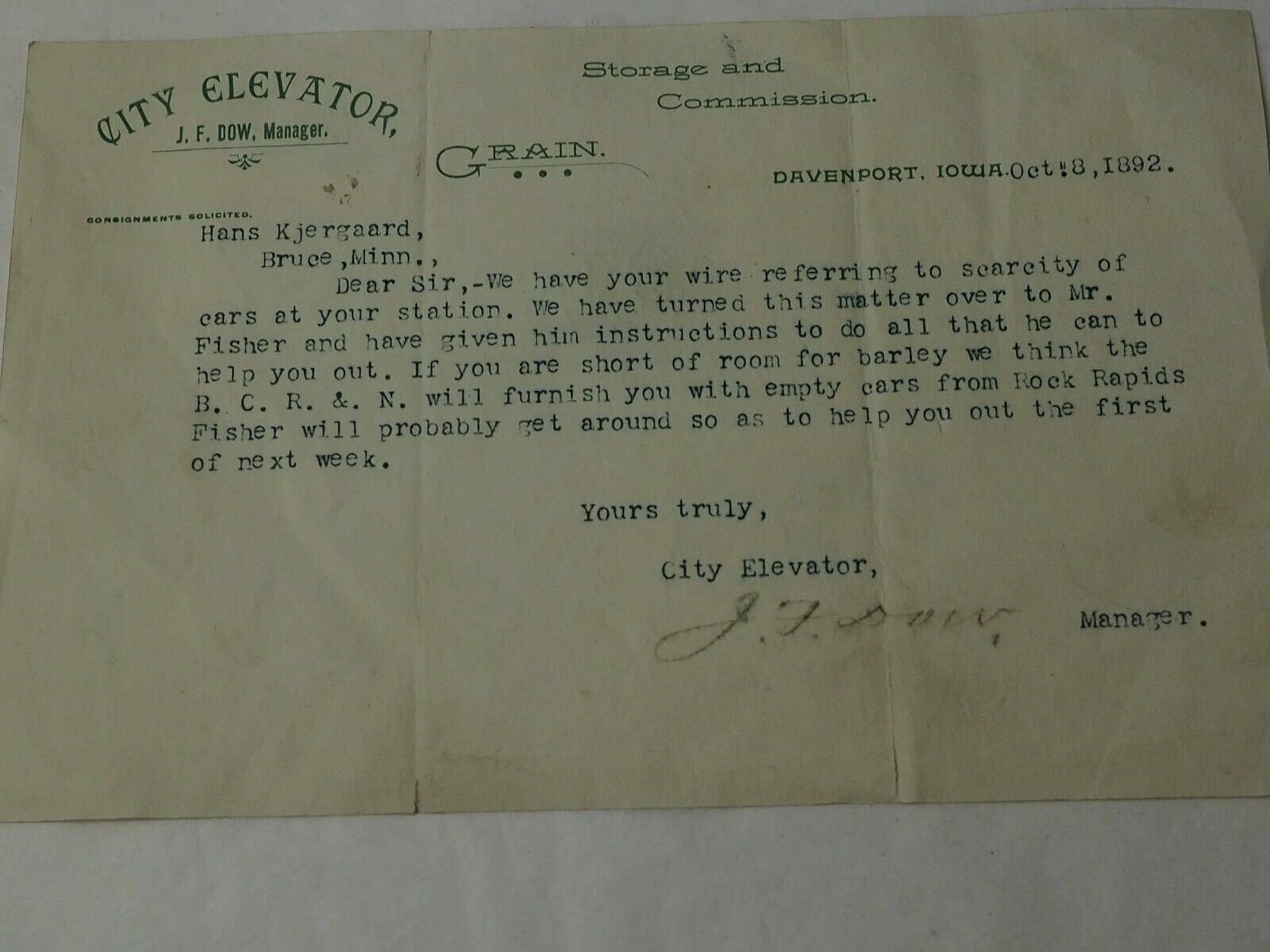 CITY ELEVATOR Grain.Letter J.F.DOW signed DAVENPORT Iowa 1892