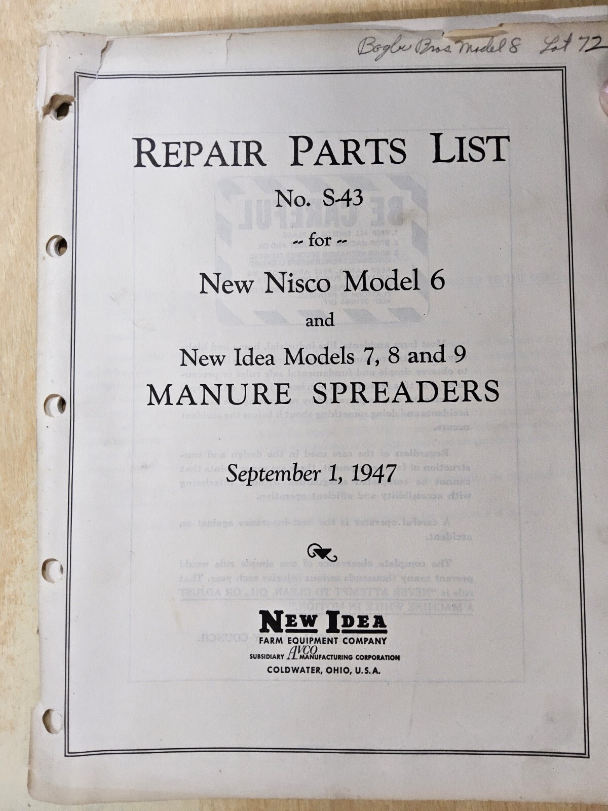 Nisco Model 6 & New Idea Models 7, 8 & 9 Manure Spreaders 9/1/1947 Parts Lists