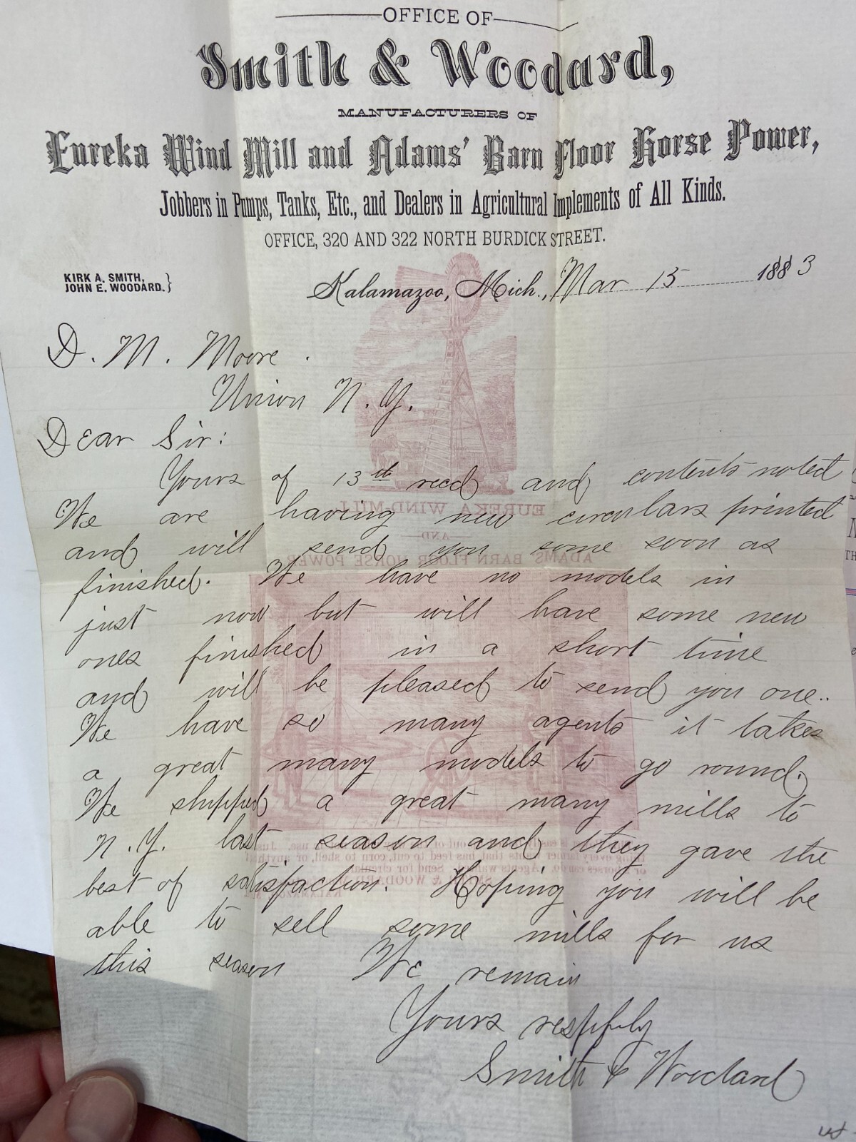 RARE ARCHIVE Letters Drawing Ephemera Smith Woodard WIND MILL Kalamazoo MI 1883