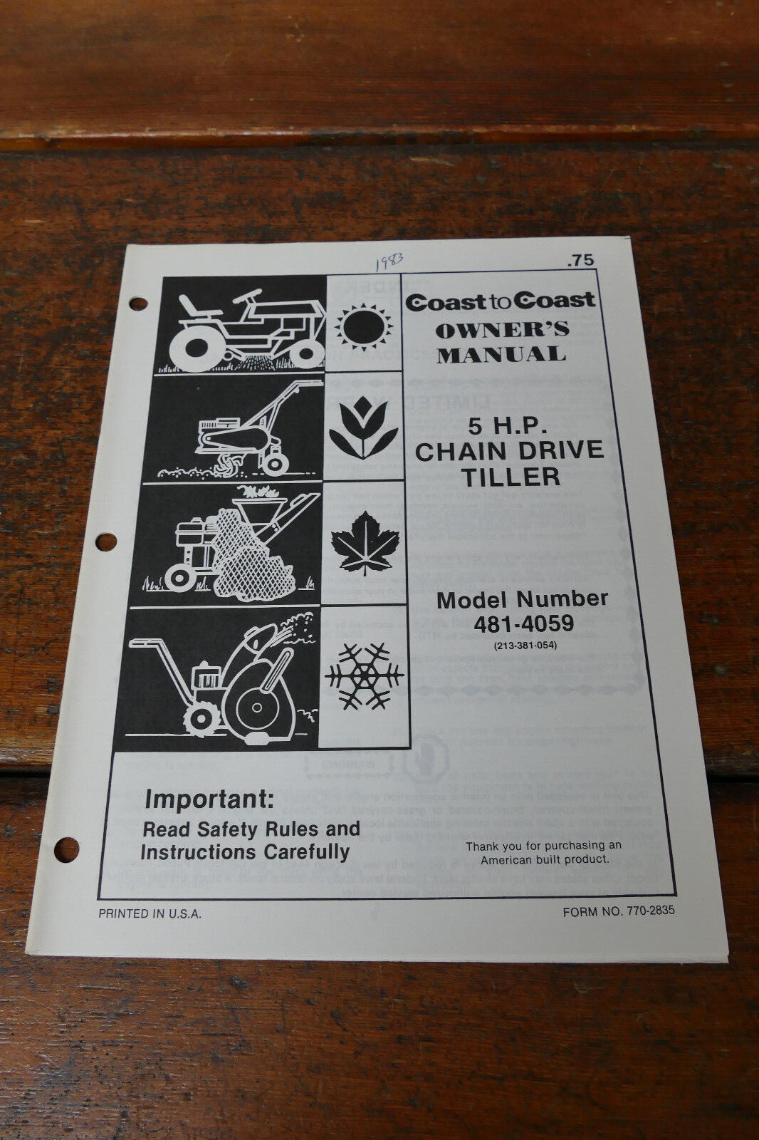 1983 Coast to Coast Owner&rsquo;s Manual 5 HP Chain Drive Garden Tiller Model 481-4059