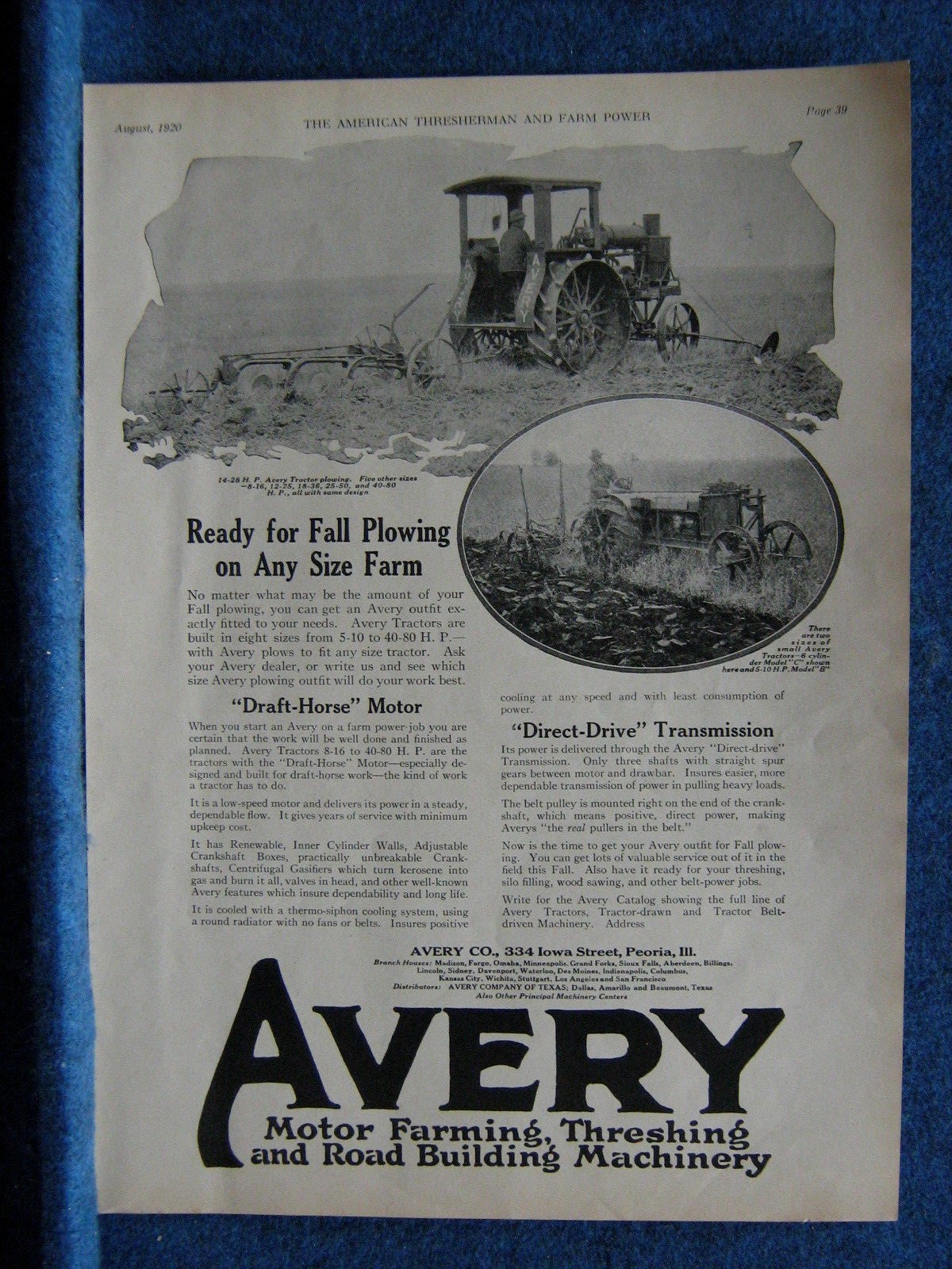 1920 Avery Tractor Ad – 2 Pics Plowing Fields – Peoria, IL