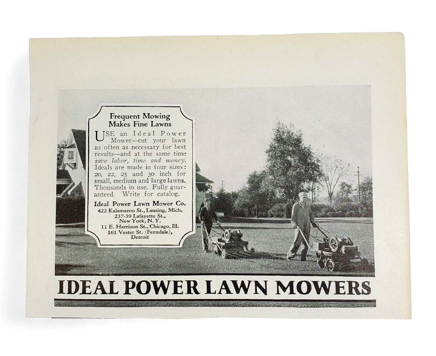 1927 Ideal Power Lawn Mowers Print Ad Frequent Mowing Makes Fine Lawns RealPhoto