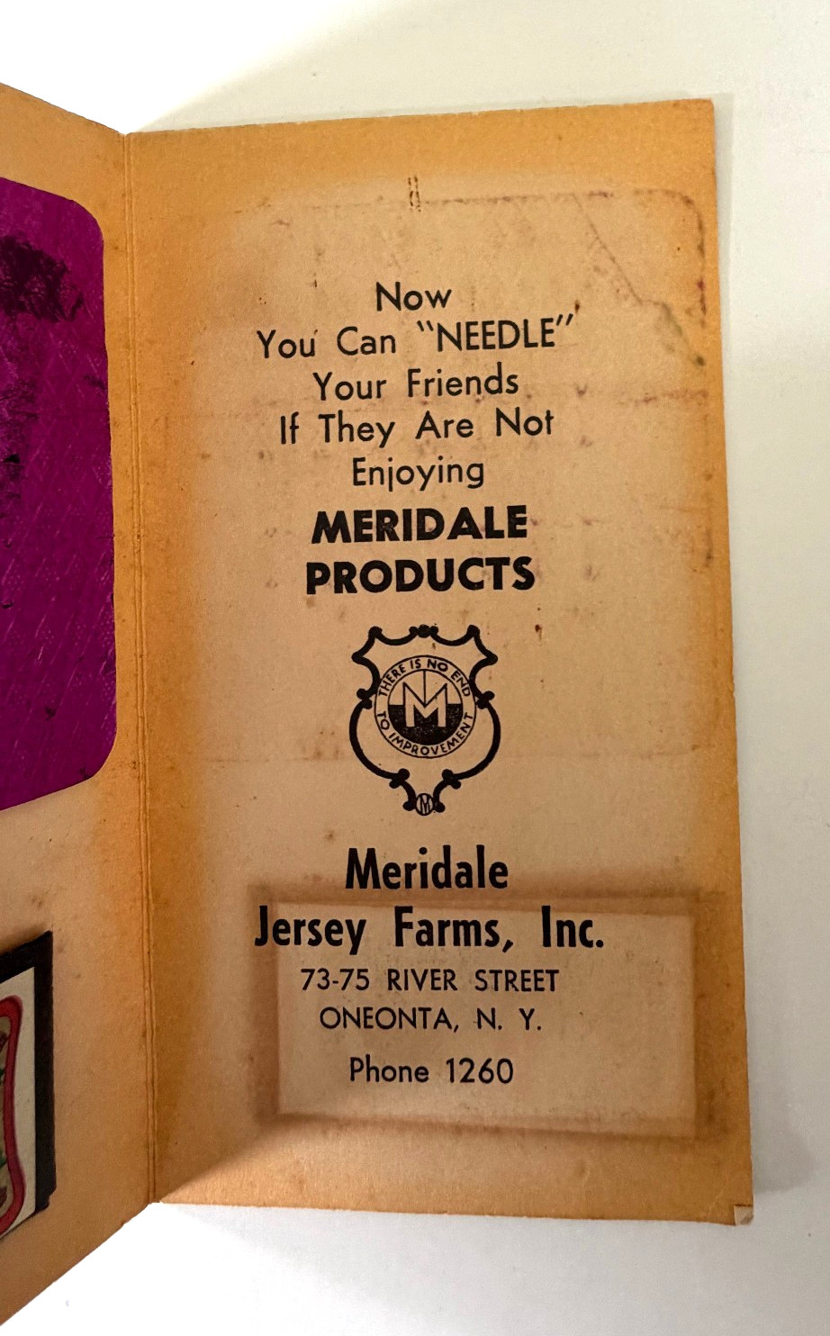 Meridale Jersey Farms Advertising Needle Book Oneonta New York c. 1940s