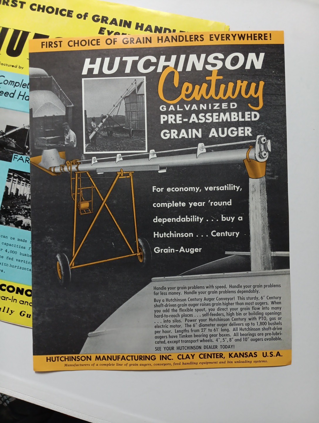 2 Vintage Hutchinson Grain Storage Augers Sales Brochures Flyer Kansas
