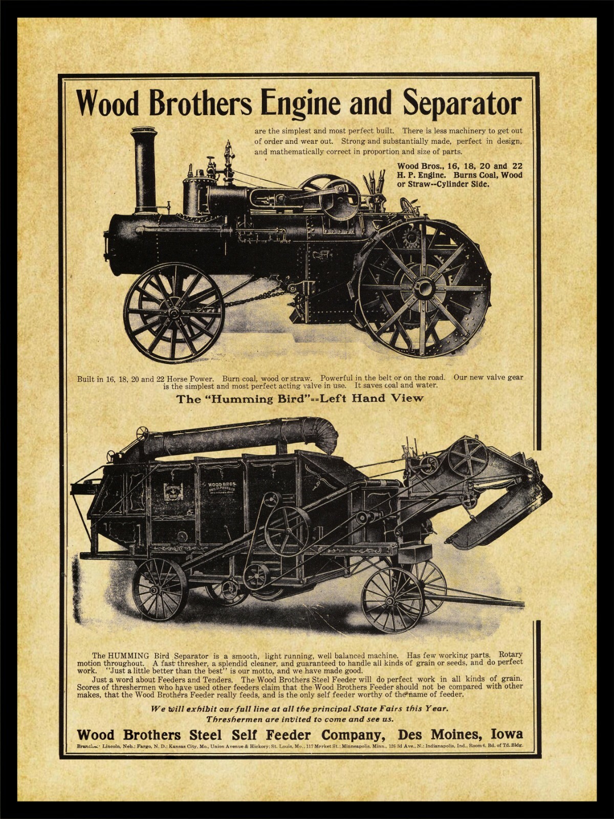 1908 Wood Brothers Traction Engine, Hummingbird NEW Metal Sign: Des Moines, Iowa
