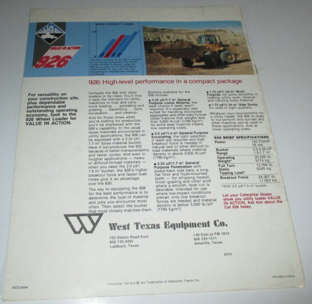 Caterpillar 926 Wheel Loader Sale Brochure Literature AEDC4094 ORIGINAL!