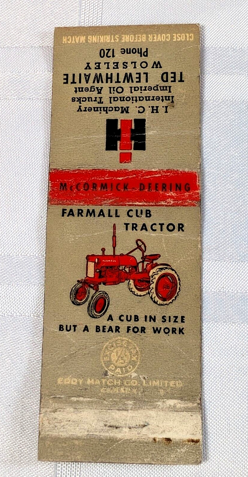 FARMALL CUB TRACTOR ADVERTISING MATCHBOOK TED LEWTHWAITE WOLSELEY FARM FARMS