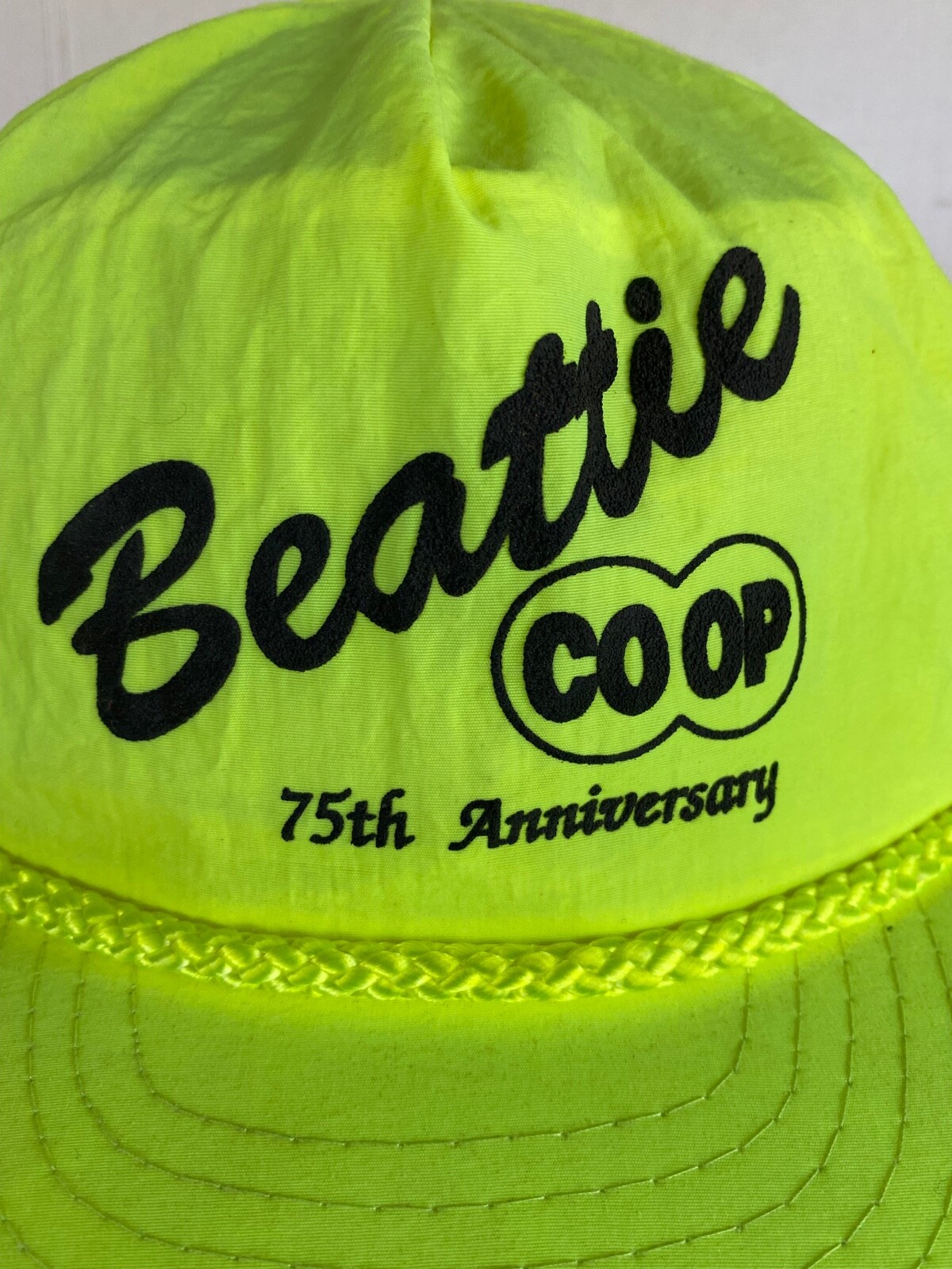 Vintage Beattie Kansas Co-Op Advertising Hat 75th Anniversary Neon Yellow Farm