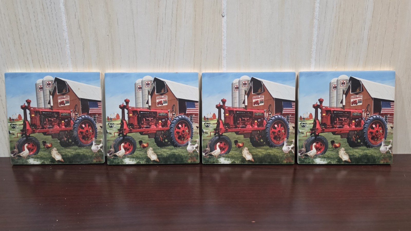 Farmall Tractor Ceramic Coaster Set 4 Tiles Vintage New NIP Antique Farming IH