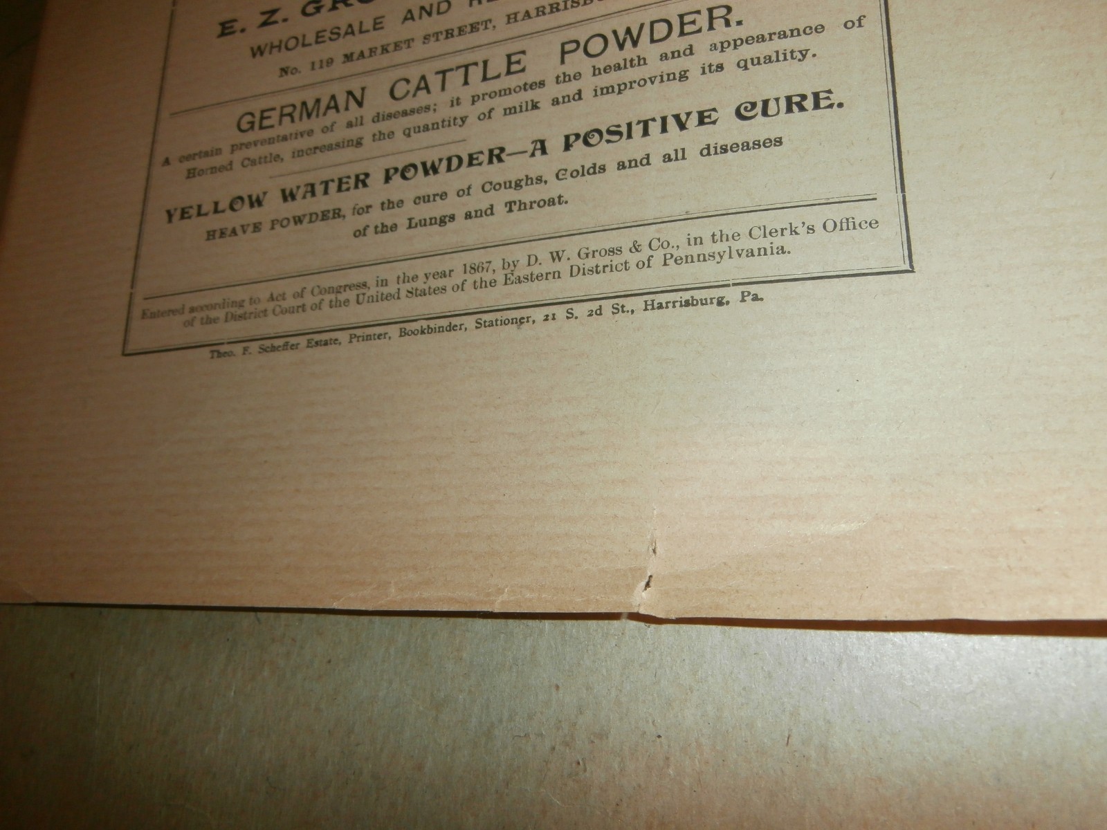 Harrisburg PA E Z Gross Drug Store German Horse Cattle Powder 1800&rsquo;s Paper Ad