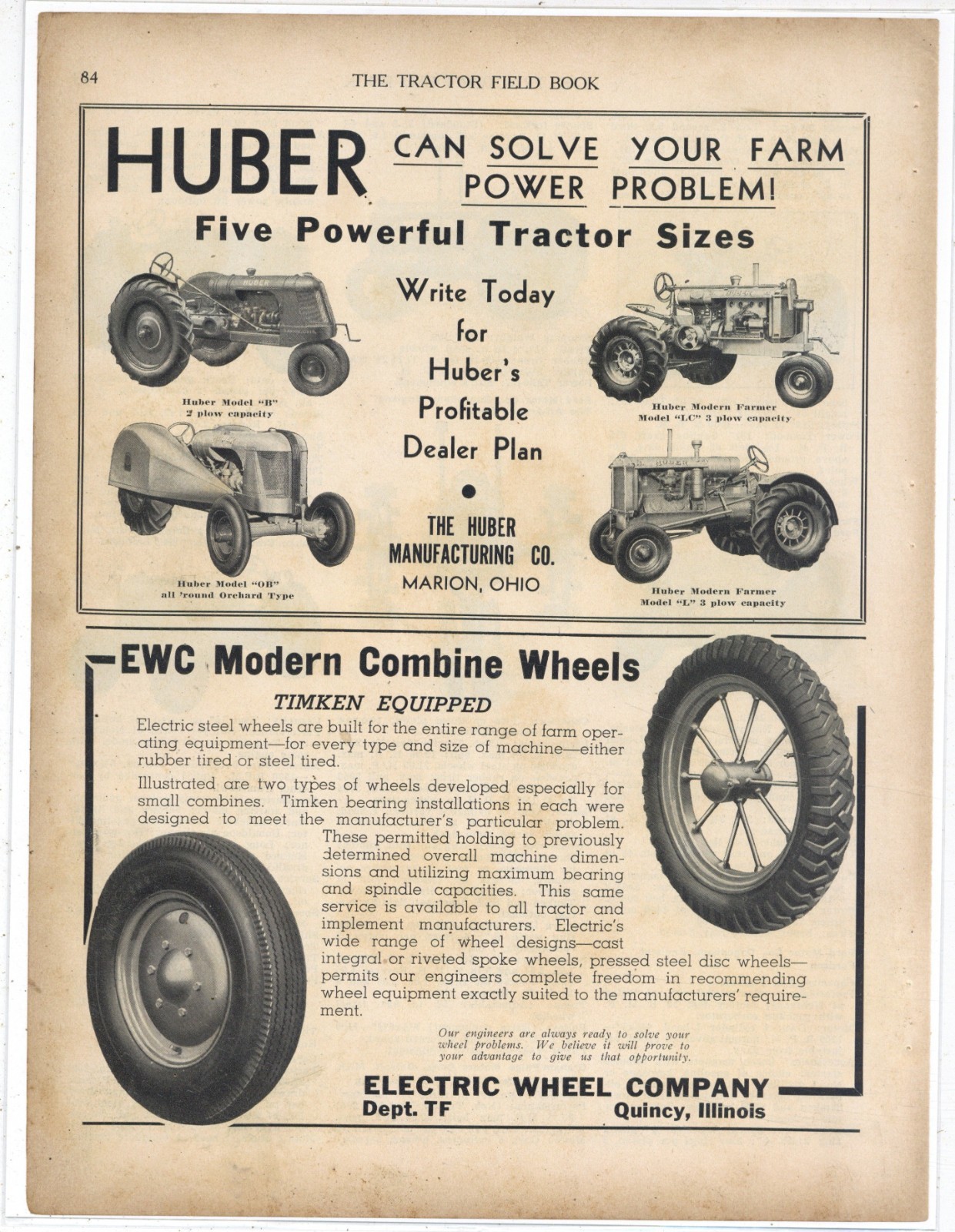 1939 Huber Tractors of Marion, OhiO Ad: Models B, OB, LC, and L Pictured