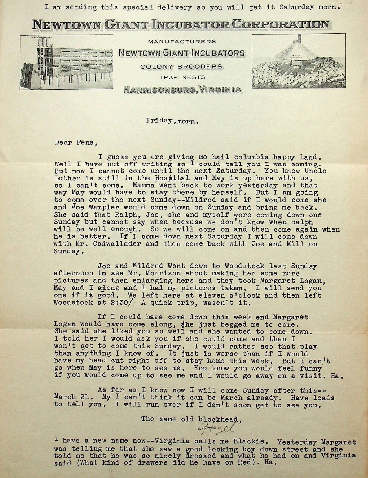 1920&rsquo;s HARRISONBURG VIRGINIA NEWTOWN GIANT INCUBATOR CORP PRIVATE LETTER -E16-E