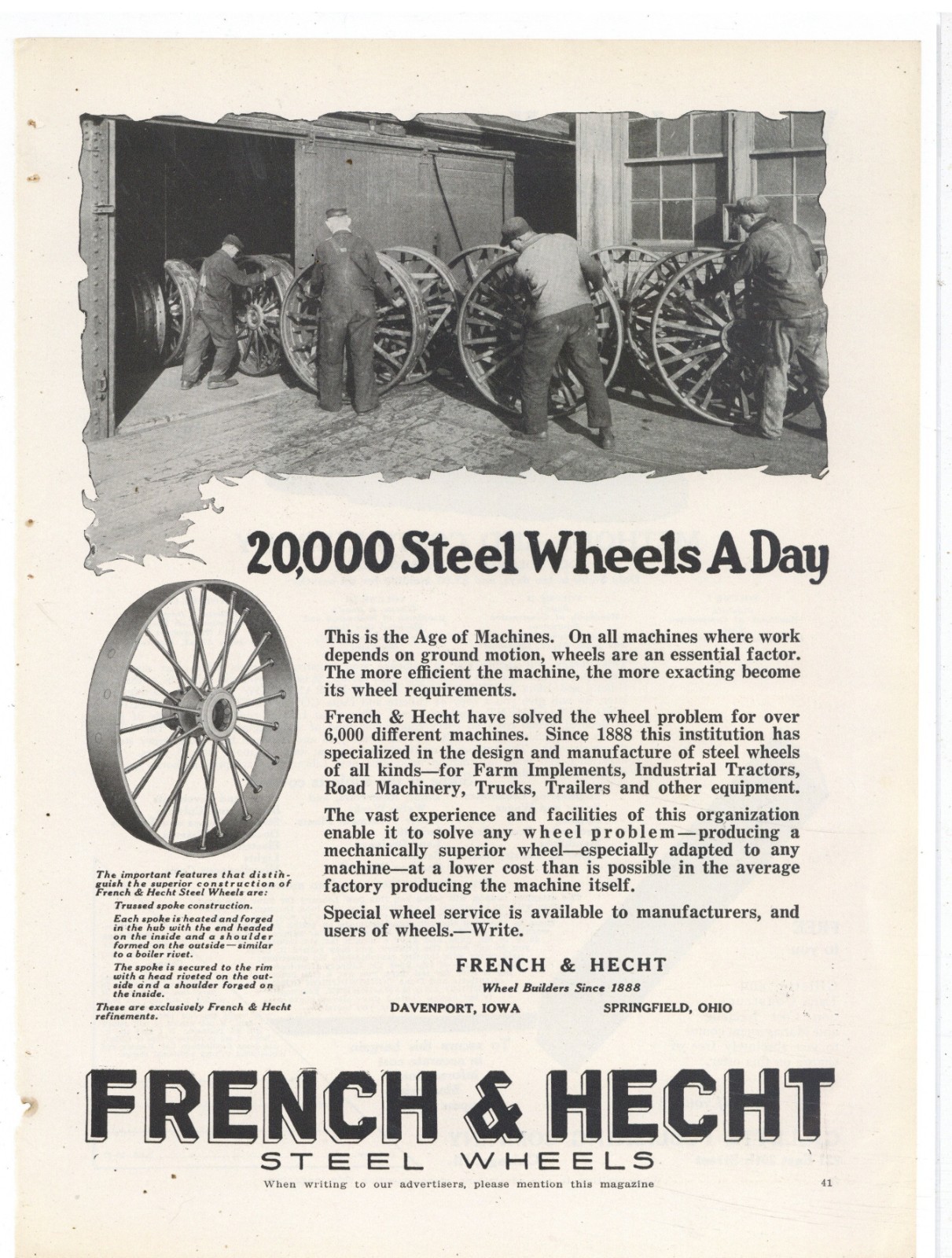 1927 French & Hecht – Davenport Iowa & Springfield OhiO Ad: Steel Tractor Wheels