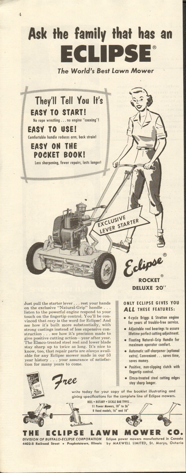 1954 Print Ad of Eclipse Lawn Mower Co Rocket Deluxe