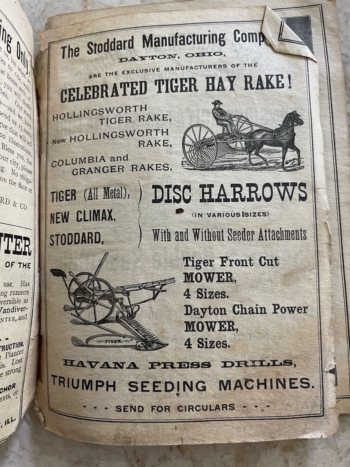 1891 American Farmers Almanac, Antique Farming Ads Barlow, Stoddard