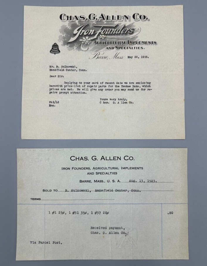 1923 Chas Allen IRON FOUNDERS Antique FARM MACHINERY Advertising Letter BARRE MA