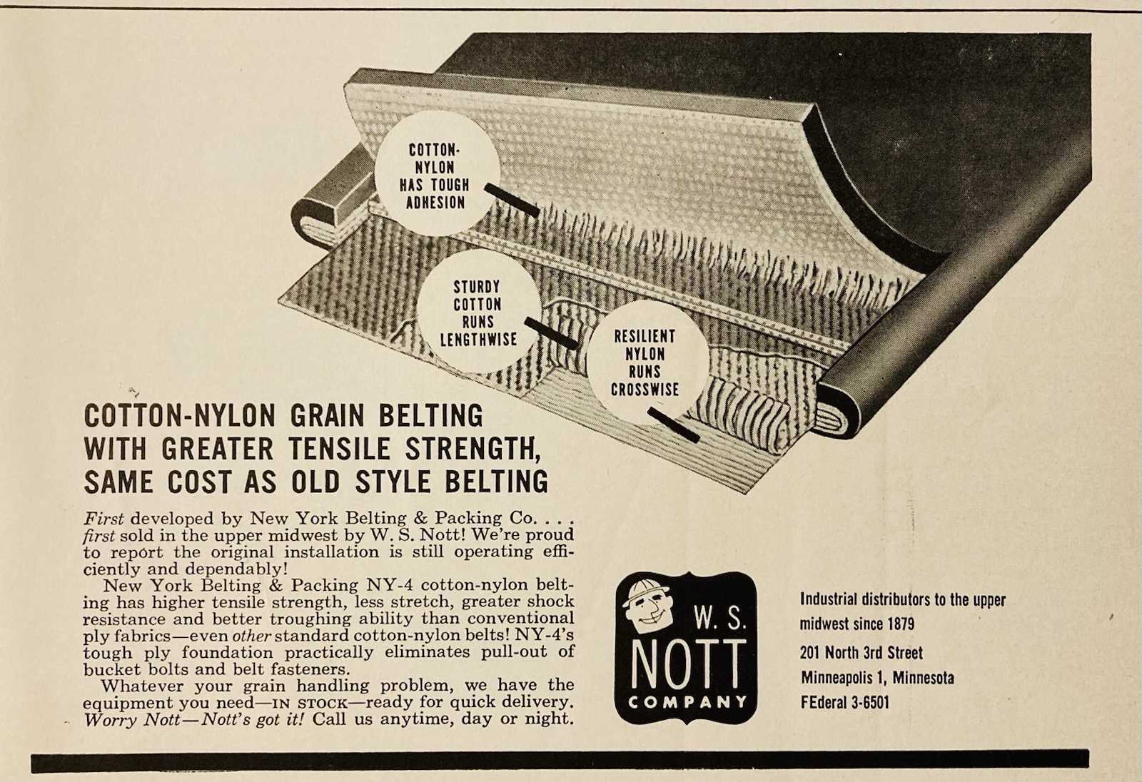 1957 AD.(XH84)~W.S. NOTT CO. MINNEAPOLIS, MINN. COTTON-NYLON GRAIN BELTING