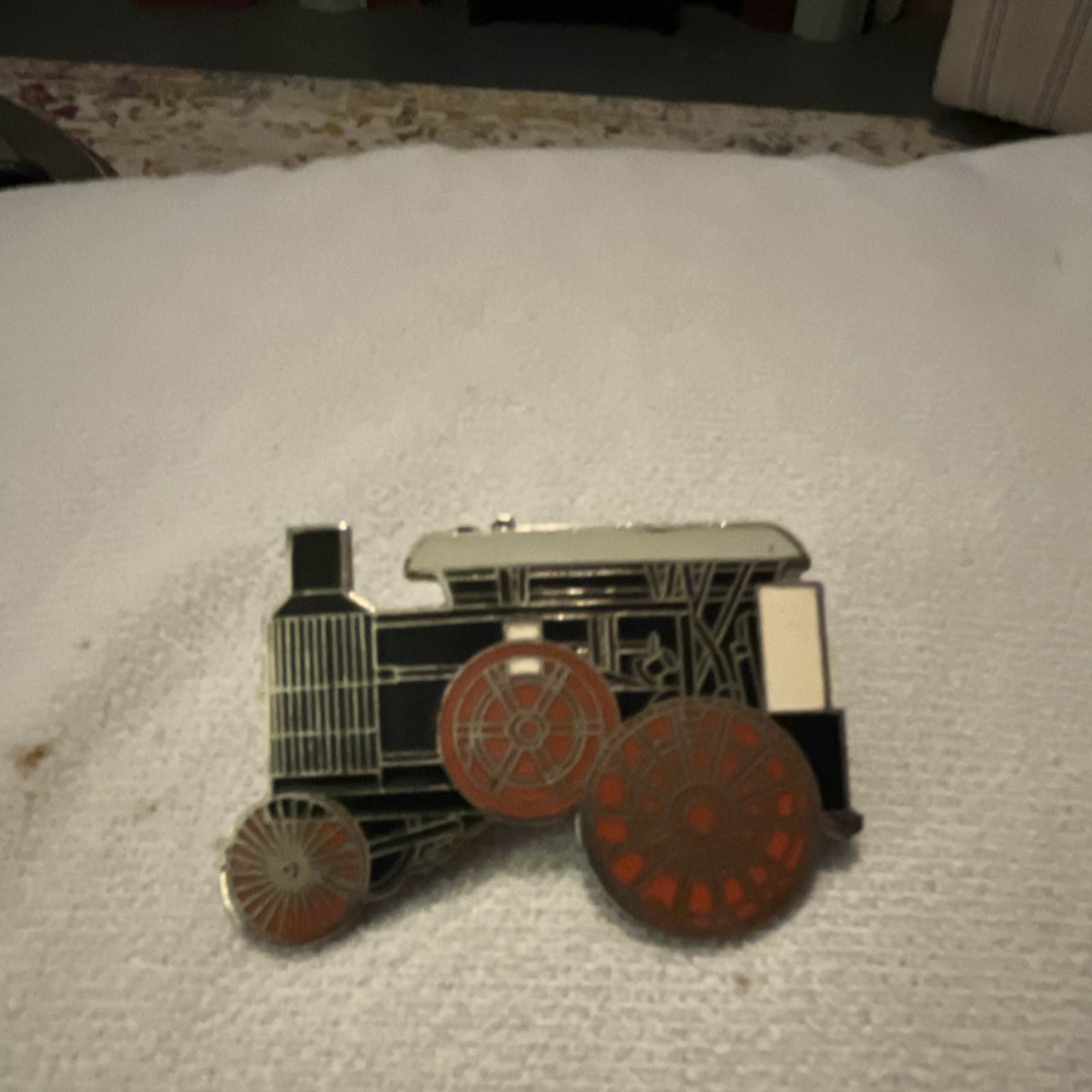 Vintage Tractor-Shaped Agriculture Advertising Pinback Black Silver Red