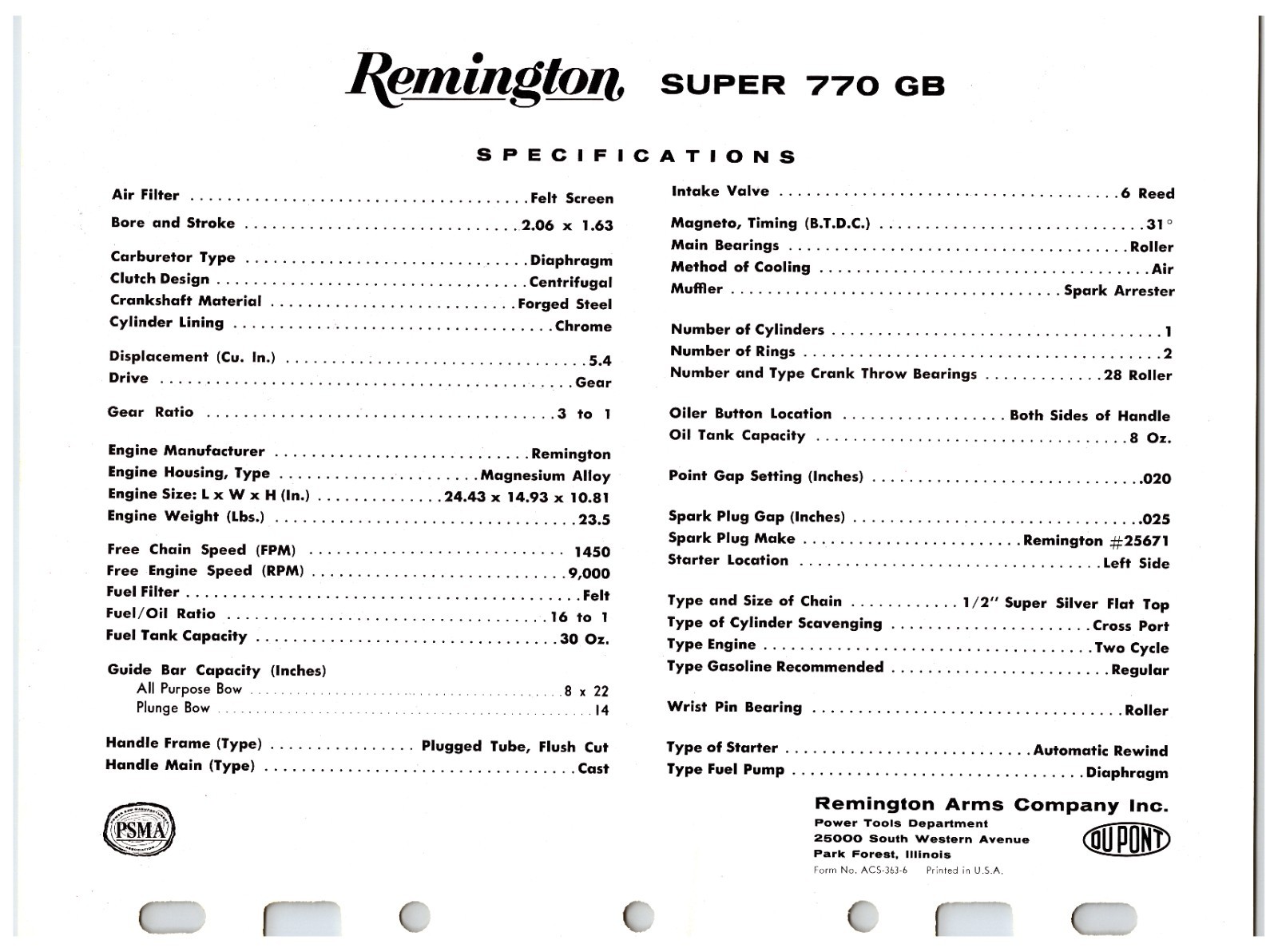 Vintage Original Remington Chainsaws Sales Sheet (Model Super 770 GB) Info Sheet