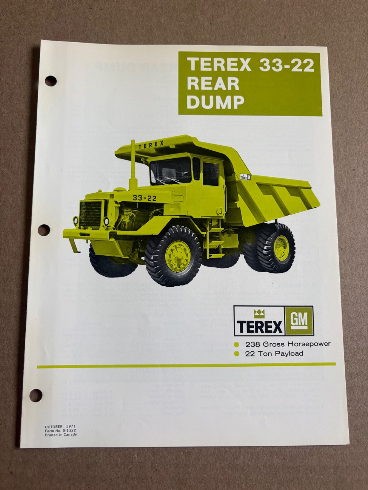 Vintage Terex 33-02 Dump Truck Specifications Sales Brochure